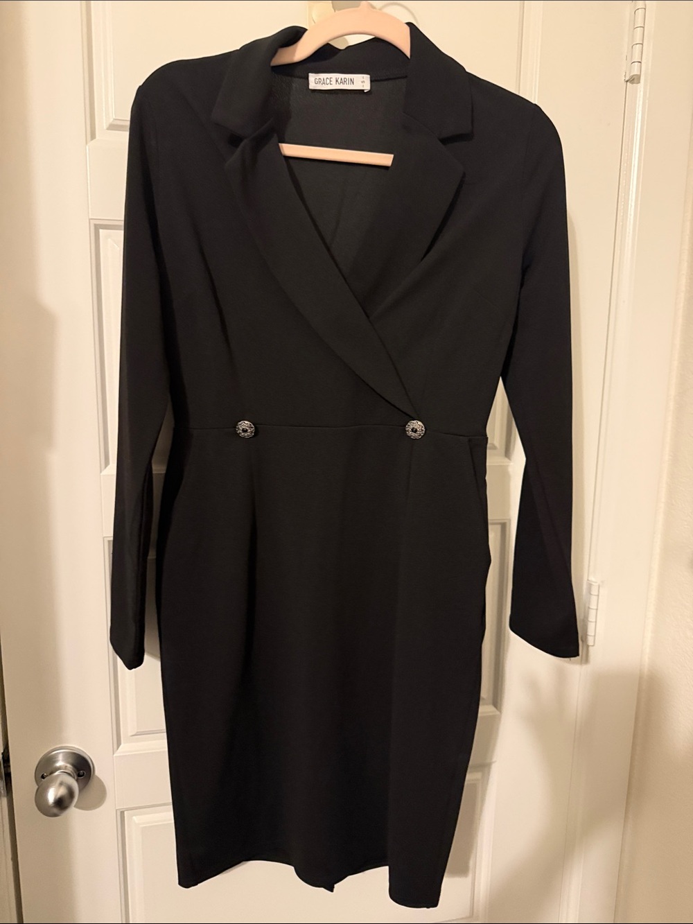 Grace Karin Black Long Sleeve Wrap-Front Sheath Dress with Decorative Buttons